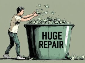 Private landlord dumping money into trash can over large repair