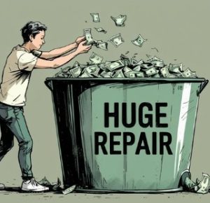 Private landlord dumping money into trash can over large repair